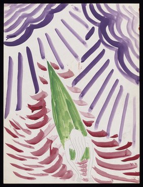 A woman in green falling headlong in purple and cerise lines. Watercolour by M. Bishop, 1969.