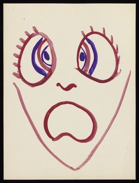 A face expressing horror. Watercolour by M. Bishop, 1970.