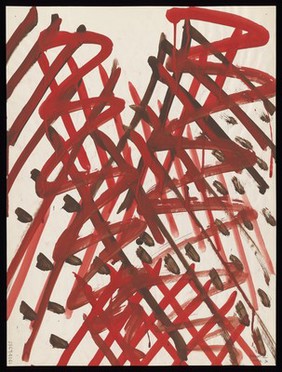 Red and brown zigzags and grids. Watercolour by M. Bishop, 1970.