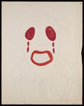 A face expressing anguish, with red eyes, lips and tears. Watercolour by M. Bishop, 1974.