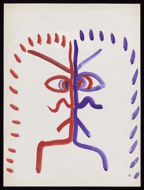 Two faces confronting each other. Watercolour by M. Bishop, 1969.