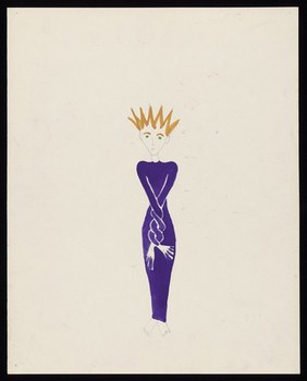 A woman in a purple dress with her arms entwined with each other. Watercolour by M. Bishop, 1969.