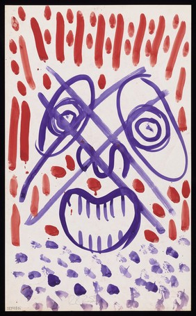 An angry face crossed through with a grid. Watercolour by M. Bishop, 1972.