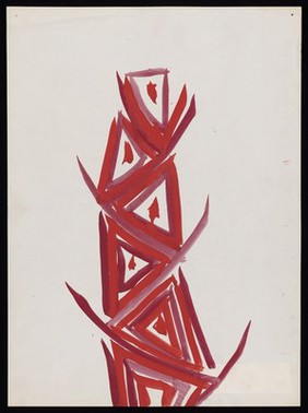 A tower of red and cerise triangles. Watercolour by M. Bishop, 1969.