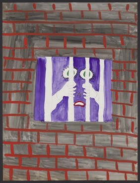 A prisoner behind a barred window in a brick wall. Watercolour by M. Bishop, 19--.