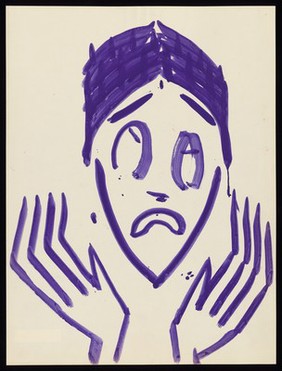 A woman raising her hands to her face in despair. Watercolour by M. Bishop, 1970.