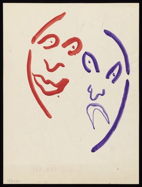 A red happy face and a purple sad face. Watercolour by M. Bishop, 1970.