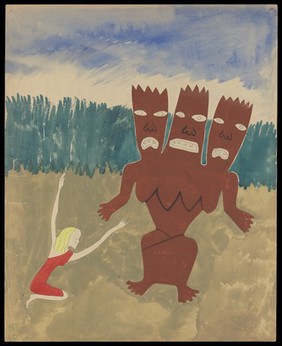 A woman bowing down before a three-headed monster. Watercolour by M. Bishop, 1958.