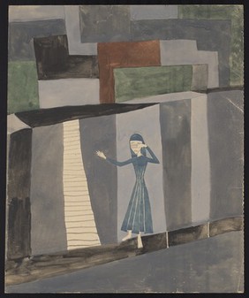 A woman covering her eyes as she walks along a black path at the foot of a high stairway; rectangular fields above. Watercolour by M. Bishop, 1958.