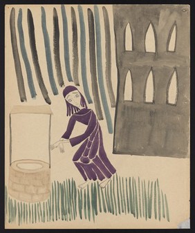 A nun in a purple habit approaching a well near a Gothic building. Watercolour by M. Bishop, 1958.