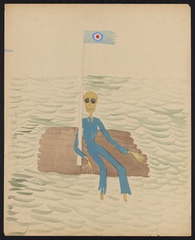 A sailor adrift on a raft in the ocean; a flag flies from a flagpole. Watercolour by M. Bishop, 1958.