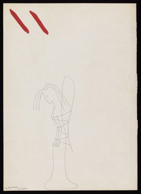 A female angel with her arms tied to her side; two red diagonals above. Drawing by M. Bishop, 1975.