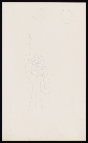 A standing girl holding one hand up towards the moon and with her other hand shielding her eyes from the sun. Drawing by M. Bishop, 1972.