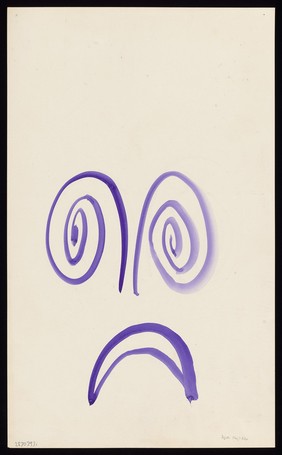 A face with volutes as eyes and a downturned mouth, representing dejection. Watercolour by M. Bishop, 1971.