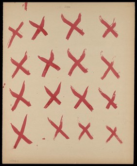 Sixteen red saltires. Watercolour by M. Bishop, 1967.