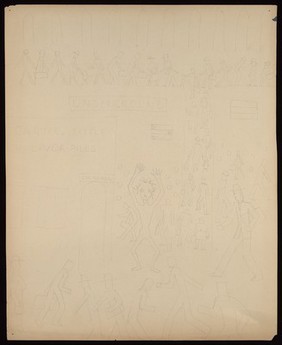 A crowd in a London street: people walking past an Underground station. Drawing by M. Bishop, 1959.