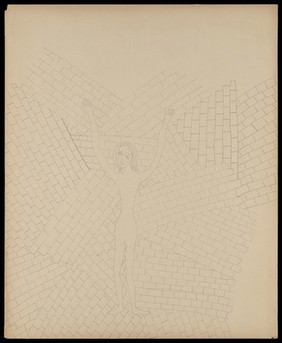 A girl standing with her arms raised against discordant walls and roofs of brick and tile. Drawing by M. Bishop, 1959.