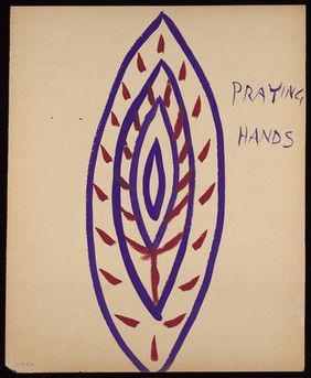 An aureole represented by clasped hands. Watercolour by M. Bishop, 1967.