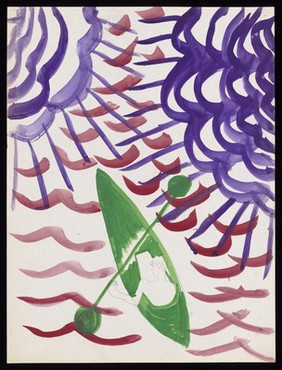 A person in a green canoe paddling on red waves under purple clouds. Watercolour by M. Bishop, 1969.