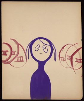 A purple figure with red dials around; representing the oppression of the artist by other children. Watercolour by M. Bishop, 19--.