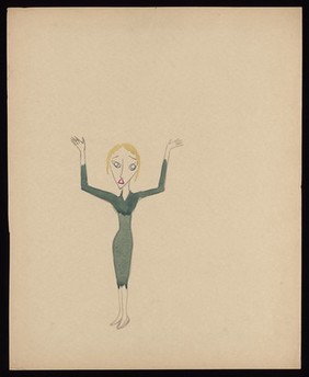 A woman in a green dress standing with her arms raised, asking for help. Watercolour by M. Bishop, 1958.