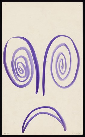 A face with volutes as eyes and a downturned mouth, representing dejection. Watercolour by M. Bishop, 1971.
