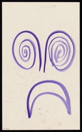 A face with volutes as eyes and a downturned mouth, representing dejection. Watercolour by M. Bishop, 1971.