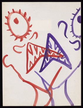 Features of a red face and a purple face combined. Watercolour by M. Bishop, 1969.