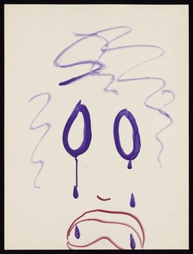 Purple eyes weeping with a red mouth downturned. Watercolour by M. Bishop, 1970.