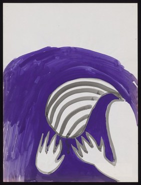 A woman clutches her hands to her head against a purple wave. Watercolour by M. Bishop, 197-.