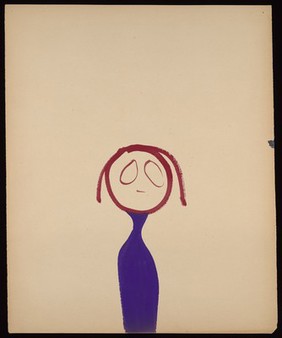 A woman with a round red head and a purple bottle-shaped body. Watercolour by M. Bishop, 1967.