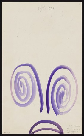 A face with volutes as eyes and a downturned mouth, representing dejection. Watercolour by M. Bishop, 1971.