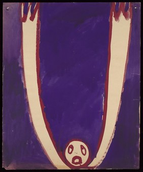 The face of a person with arms raised. Watercolour by M. Bishop, 1963.