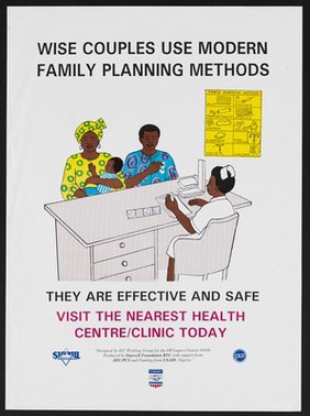 A nurse advising a couple about family planning options in Nigeria. Colour lithograph by Staywell Foundation, ca. 2000.