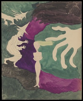 A naked woman threatened by two witches and a giant hand. Watercolour by M. Bishop, 1959.