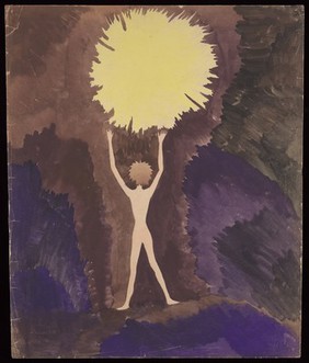 A naked figure seen from behind acclaims the sun. Watercolour by M. Bishop, 1958.