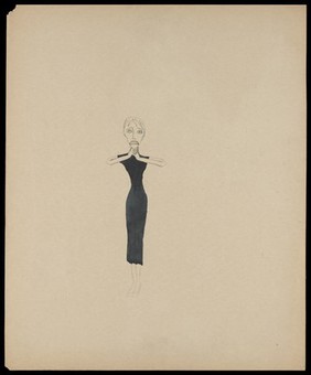 A woman in a black dress gripping her throat. Watercolour by M. Bishop, ca. 1958.