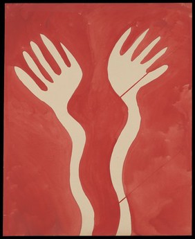 Two raised arms with outstretched fingers on a red ground. Watercolour by M. Bishop, 1963.