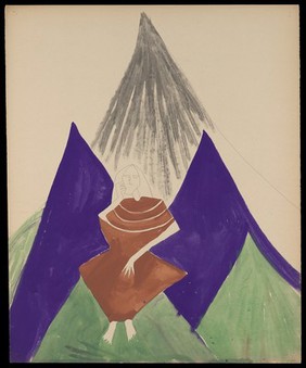 A woman wearing a brown dress seated among purple, green and black mountains. Watercolour by M. Bishop, 1967.