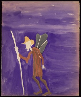 A traveller with a staff and a backpack; representing Pilgrim's progress. Watercolour by M. Bishop, 1969.