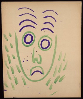 A green and blue face with a downturned mouth. Watercolour by M. Bishop, 1964 (?).