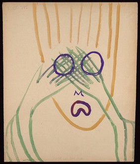 The face of a person outlined in ochre, covering the eyes with green hands. Watercolour by M. Bishop, 1964 (?).