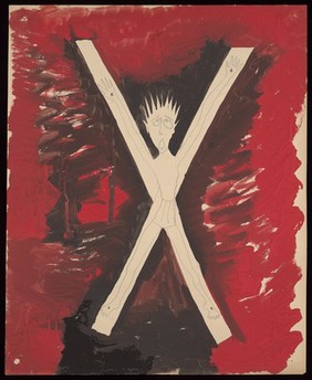 A man crucified on a St Andrew's cross in a forest. Watercolour by M. Bishop, 1959.