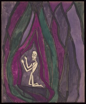 An anxious kneeling man raises his hands as he is enclosed in coloured tentlike forms. Watercolour by M. Bishop, 1959.
