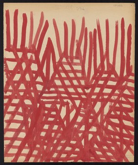 A dense red mesh. Watercolour by M. Bishop, 1967.