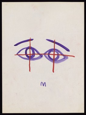 Purple eyes scored through by red crosses. Watercolour by M. Bishop, 1969.