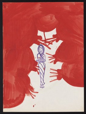 A woman threatened by red clouds and winds. Watercolour by M. Bishop, 1969.