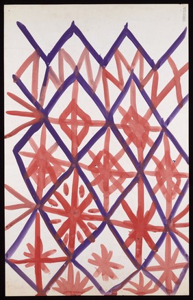 A purple diagonal mesh superimposed on a red mesh with lozenges and stars. Watercolour by M. Bishop, 1970.