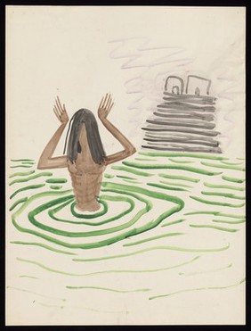 An Indian man bathing in the green water of the Ganges, with a ghat beyond. Watercolour by M. Bishop, 1970.