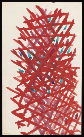 A dense red mesh with purple and turquoise darts. Watercolour by M. Bishop, 19--.